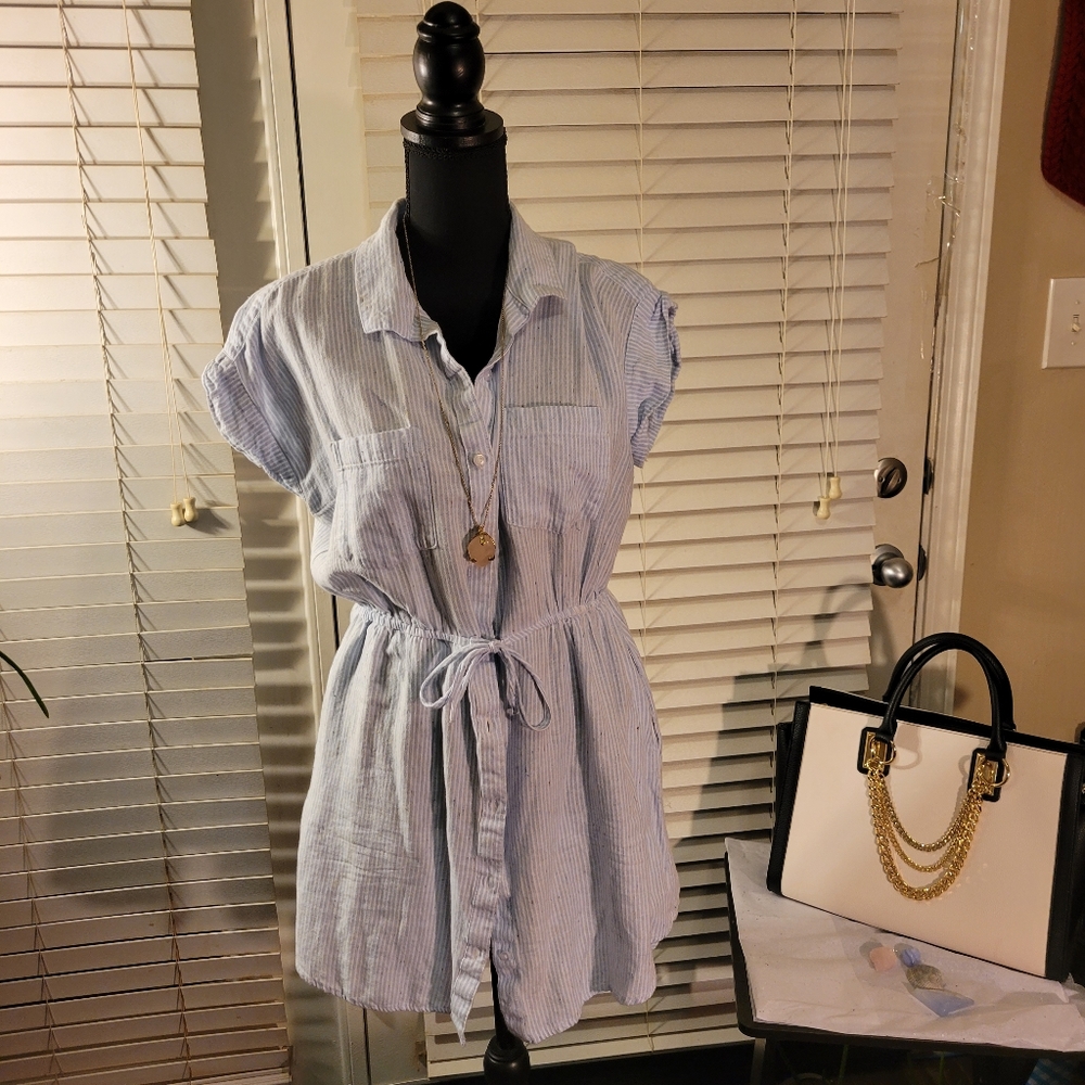 Japna Button Up Short Sleeve Shirt Dress Blue & White Striped Pockets Size L